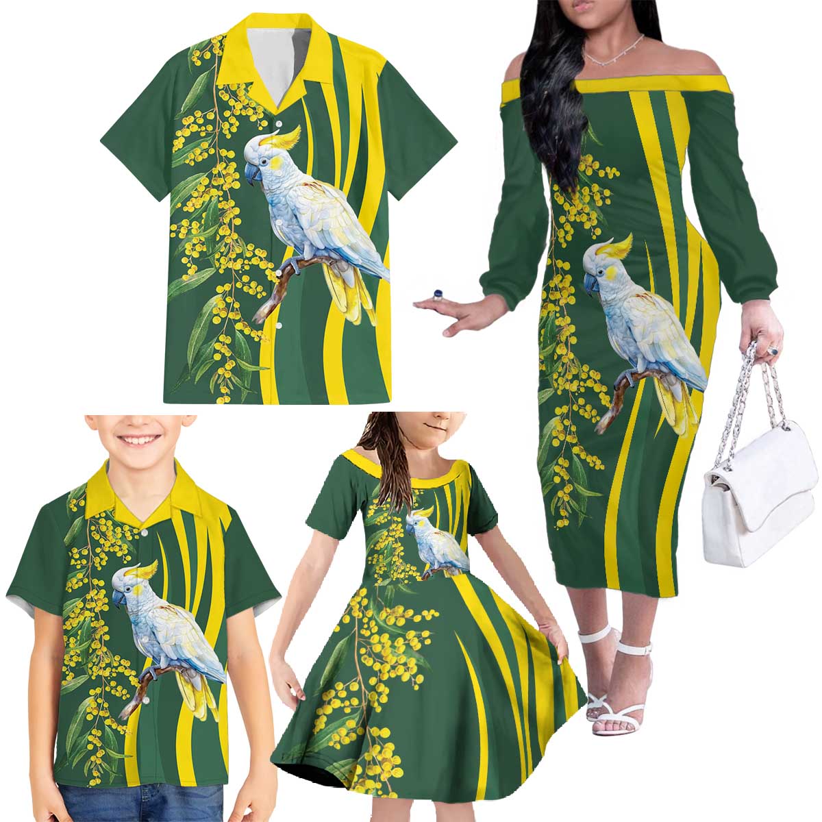 White Cockatoo and Golden Wattle Family Matching Off The Shoulder Long Sleeve Dress and Hawaiian Shirt Australian Native Bird