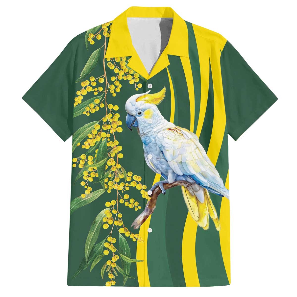 White Cockatoo and Golden Wattle Family Matching Off The Shoulder Long Sleeve Dress and Hawaiian Shirt Australian Native Bird