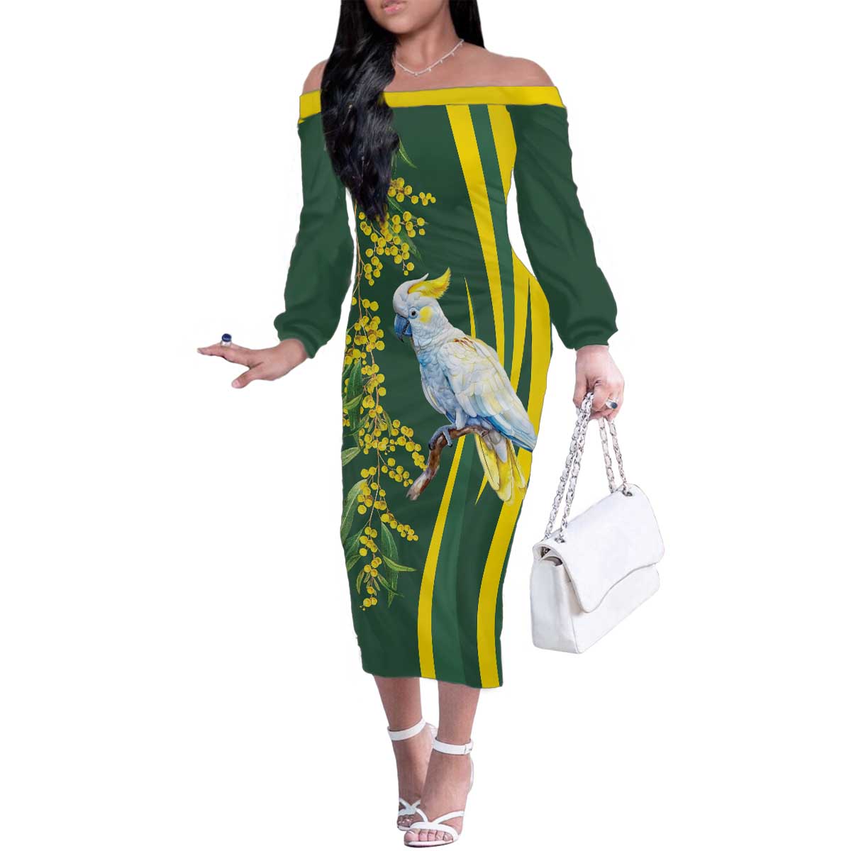 White Cockatoo and Golden Wattle Family Matching Off The Shoulder Long Sleeve Dress and Hawaiian Shirt Australian Native Bird