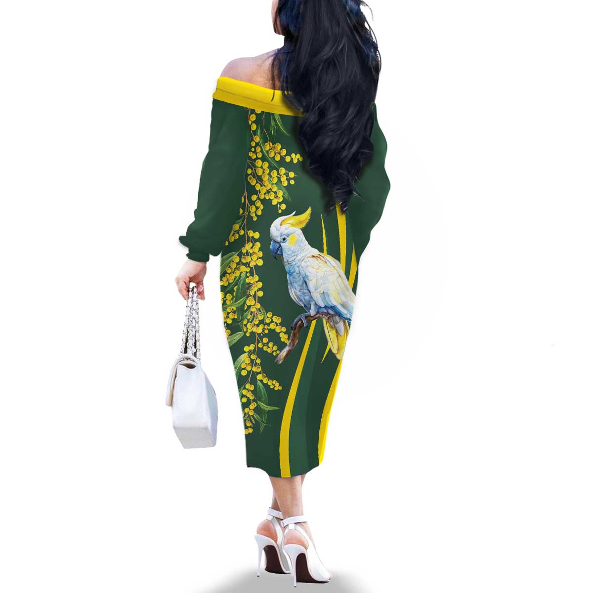 White Cockatoo and Golden Wattle Family Matching Off The Shoulder Long Sleeve Dress and Hawaiian Shirt Australian Native Bird