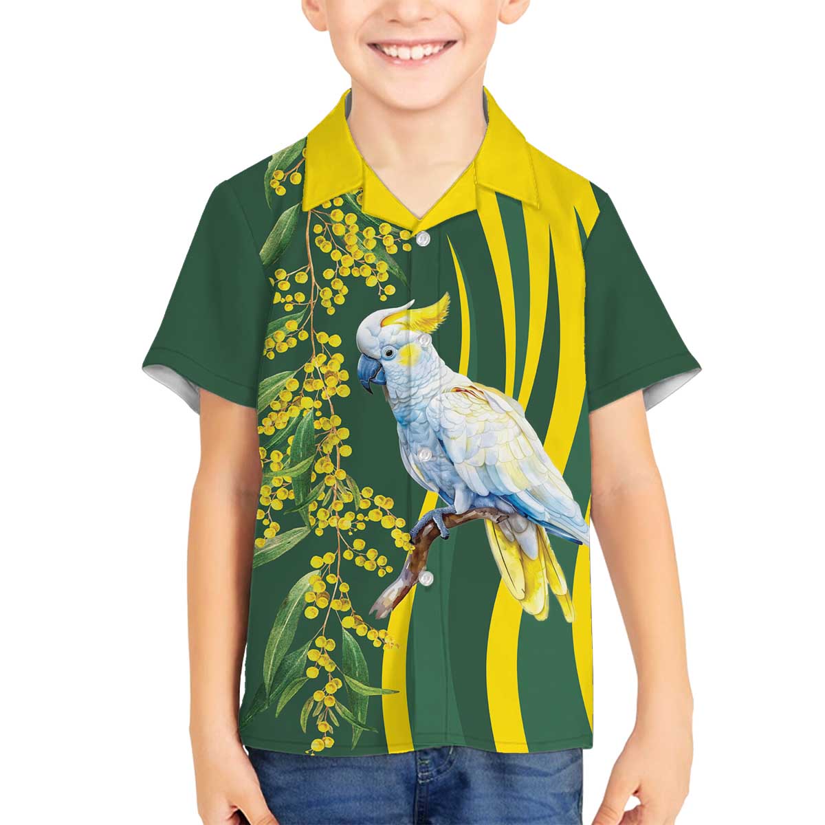 White Cockatoo and Golden Wattle Family Matching Off The Shoulder Long Sleeve Dress and Hawaiian Shirt Australian Native Bird