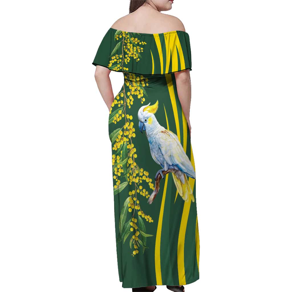 White Cockatoo and Golden Wattle Family Matching Off Shoulder Maxi Dress and Hawaiian Shirt Australian Native Bird