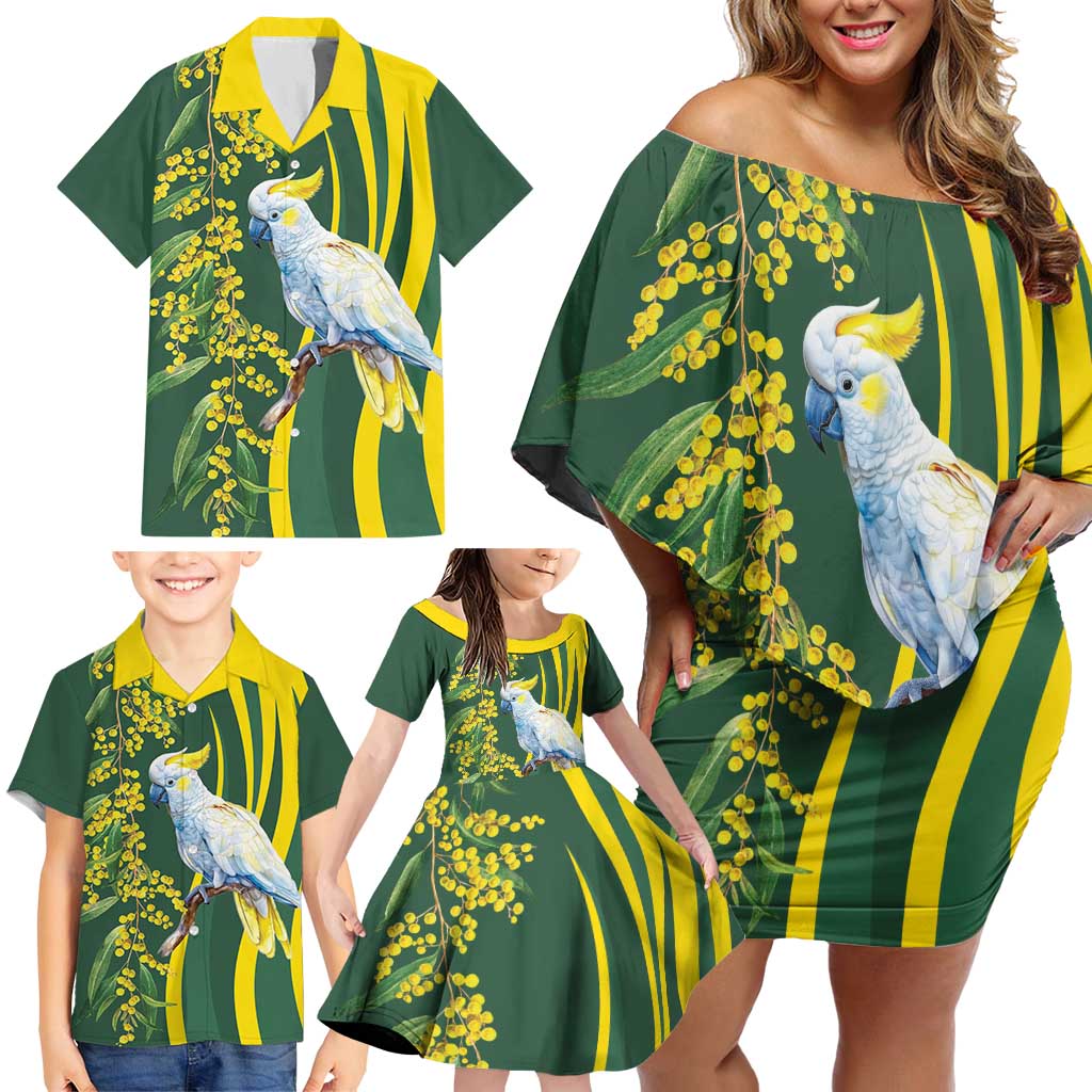 White Cockatoo and Golden Wattle Family Matching Off Shoulder Short Dress and Hawaiian Shirt Australian Native Bird