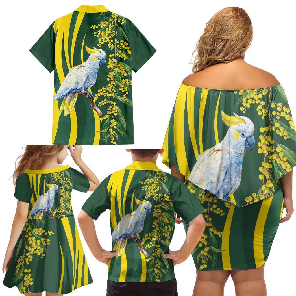 White Cockatoo and Golden Wattle Family Matching Off Shoulder Short Dress and Hawaiian Shirt Australian Native Bird