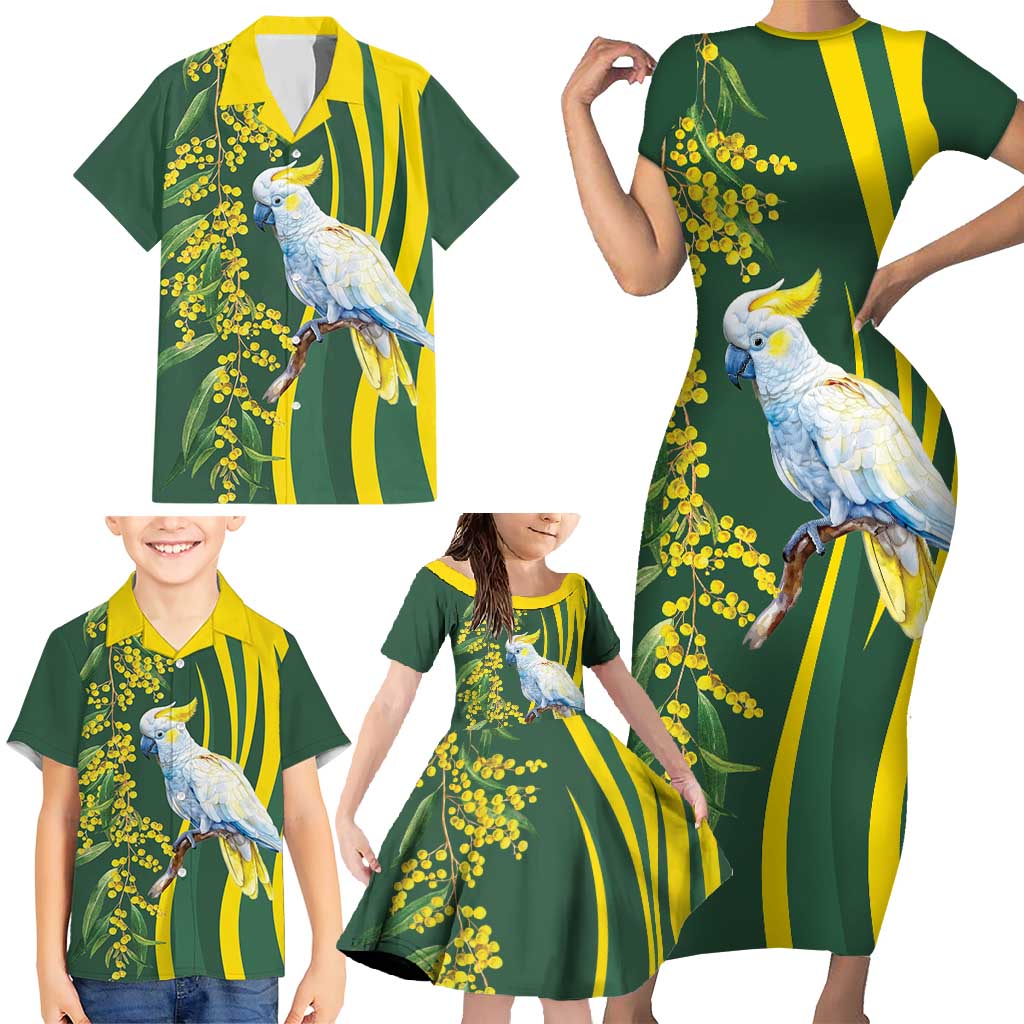 White Cockatoo and Golden Wattle Family Matching Short Sleeve Bodycon Dress and Hawaiian Shirt Australian Native Bird