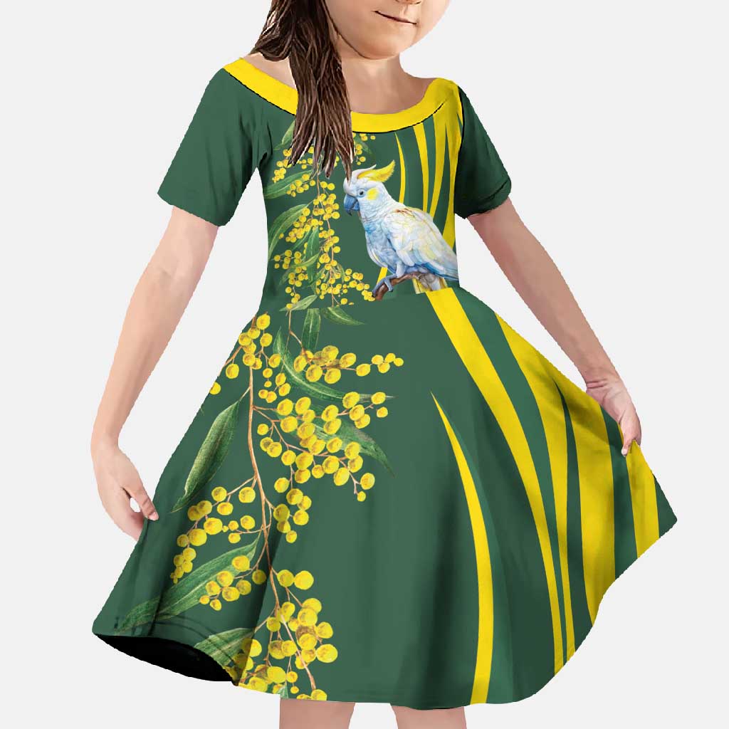 White Cockatoo and Golden Wattle Family Matching Short Sleeve Bodycon Dress and Hawaiian Shirt Australian Native Bird