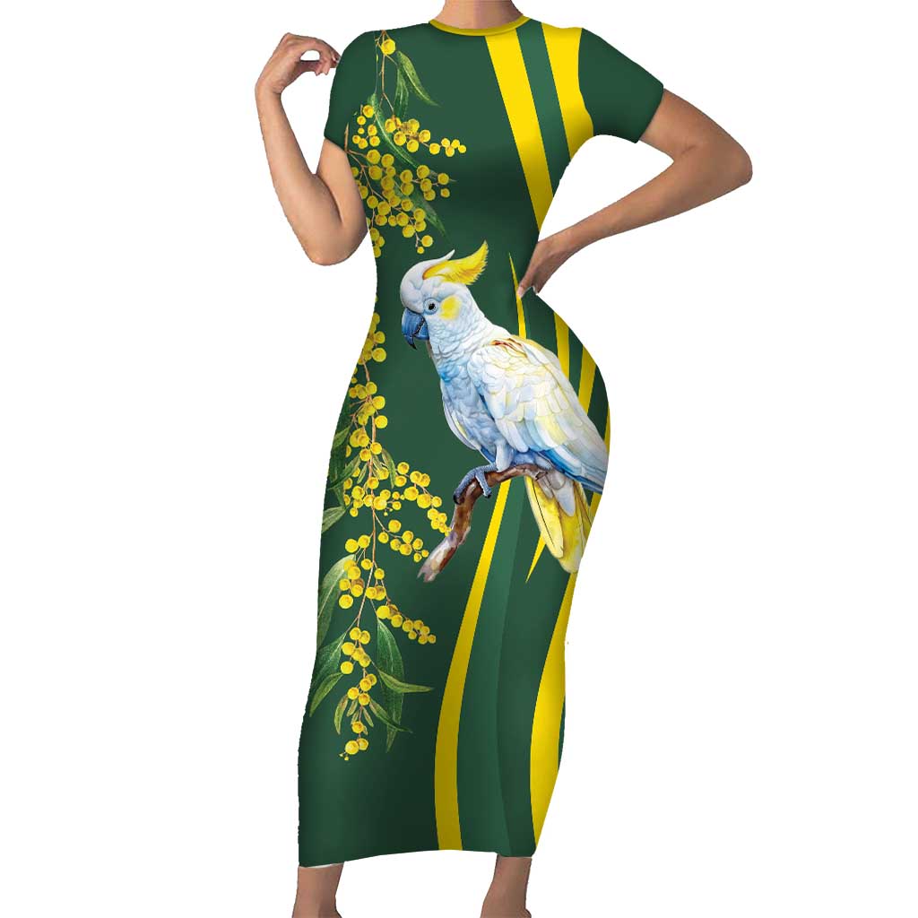 White Cockatoo and Golden Wattle Family Matching Short Sleeve Bodycon Dress and Hawaiian Shirt Australian Native Bird