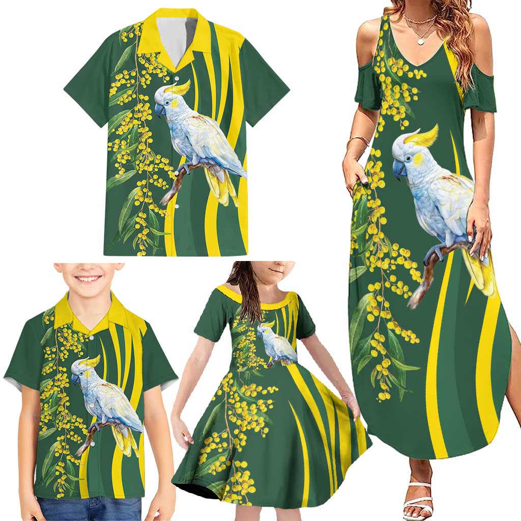 White Cockatoo and Golden Wattle Family Matching Summer Maxi Dress and Hawaiian Shirt Australian Native Bird