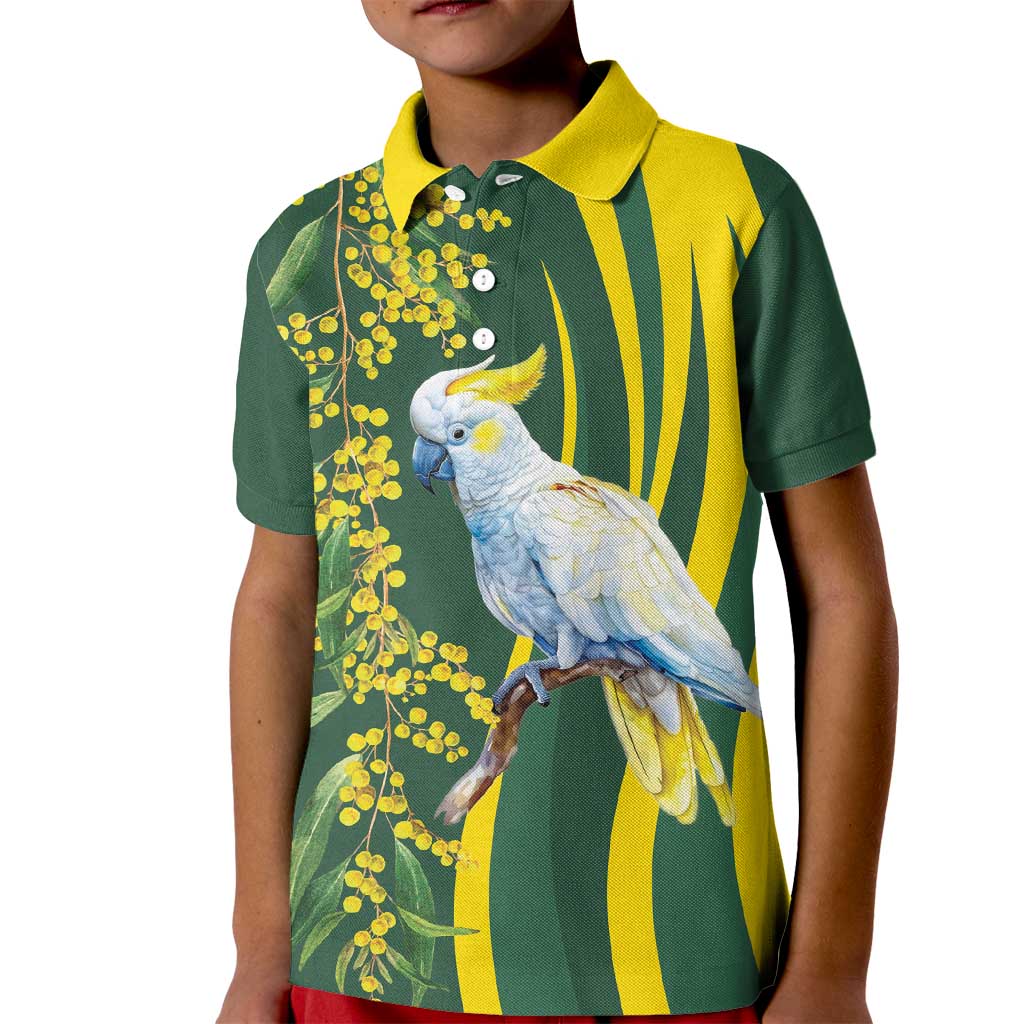 White Cockatoo and Golden Wattle Kid Polo Shirt Australian Native Bird