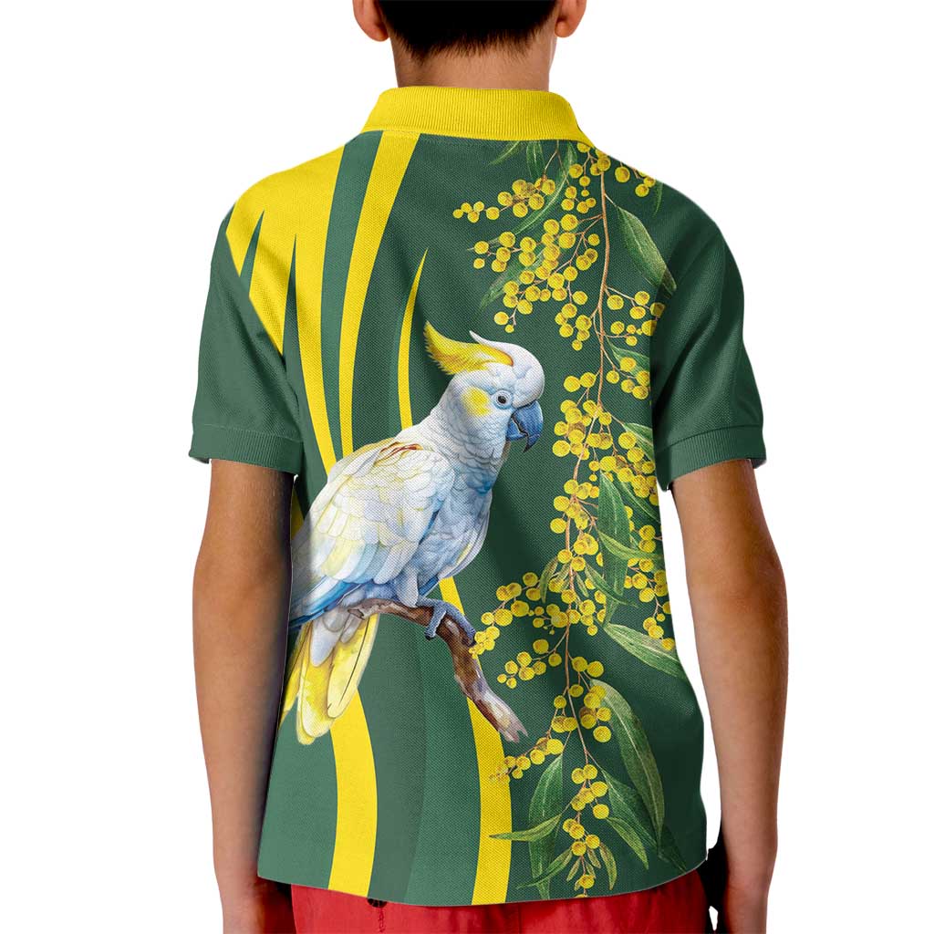 White Cockatoo and Golden Wattle Kid Polo Shirt Australian Native Bird