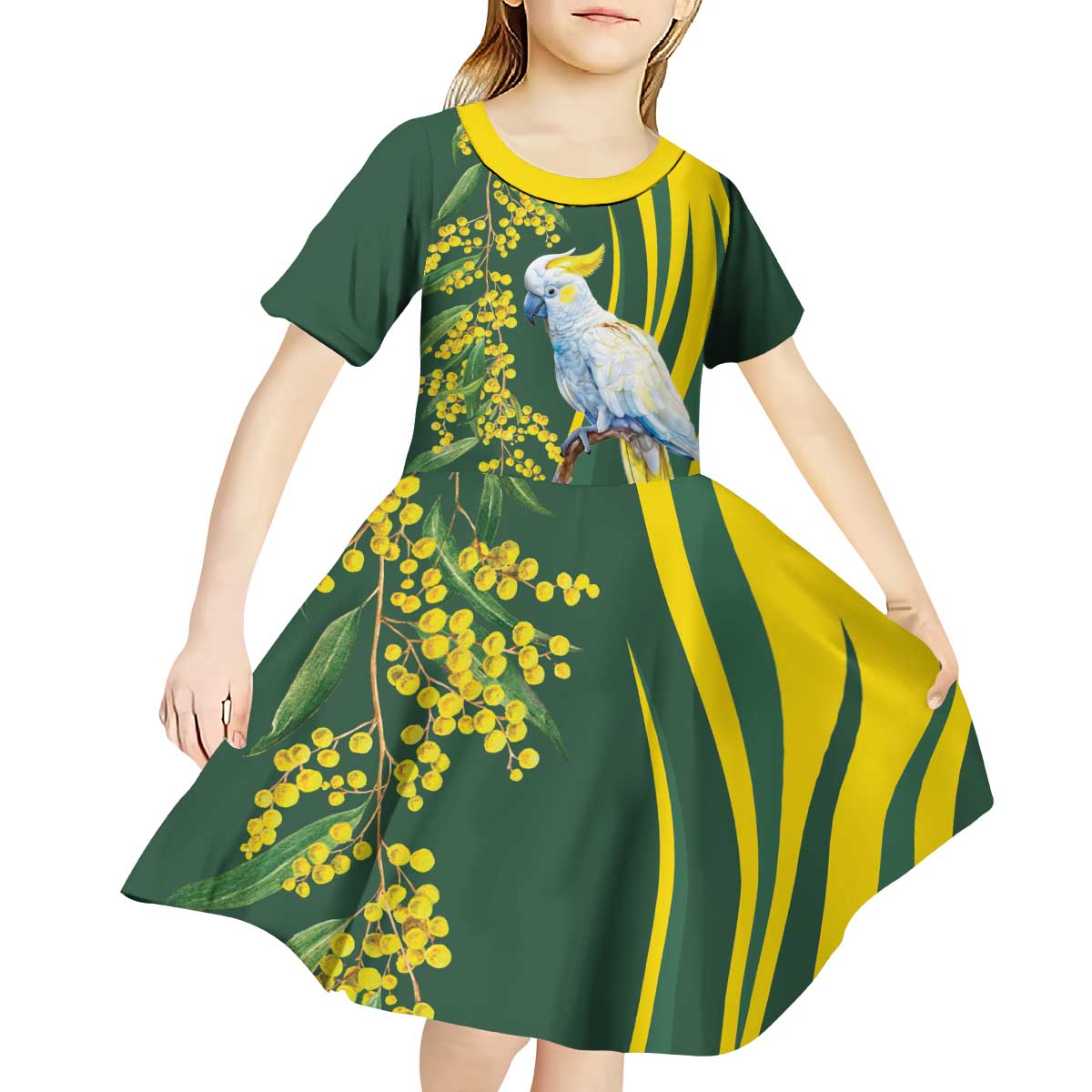 White Cockatoo and Golden Wattle Kid Short Sleeve Dress Australian Native Bird