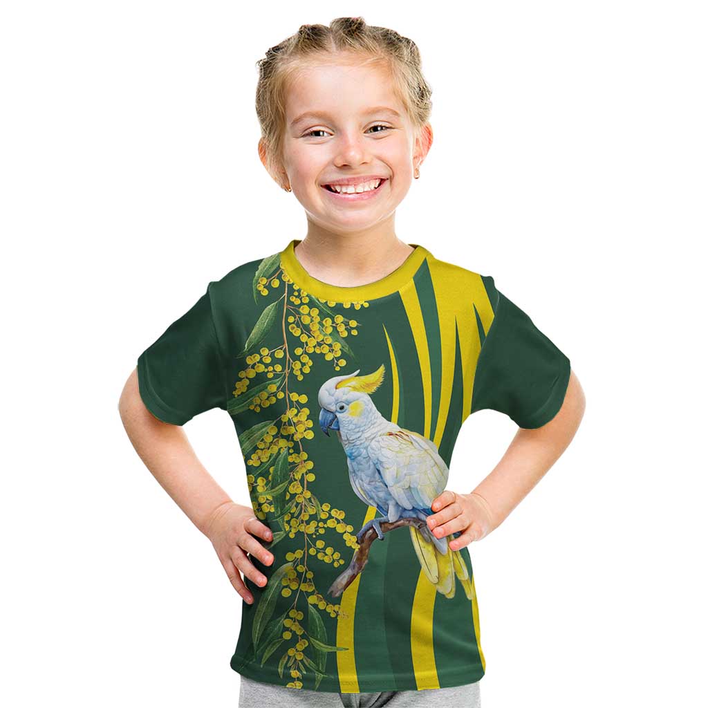 White Cockatoo and Golden Wattle Kid T Shirt Australian Native Bird