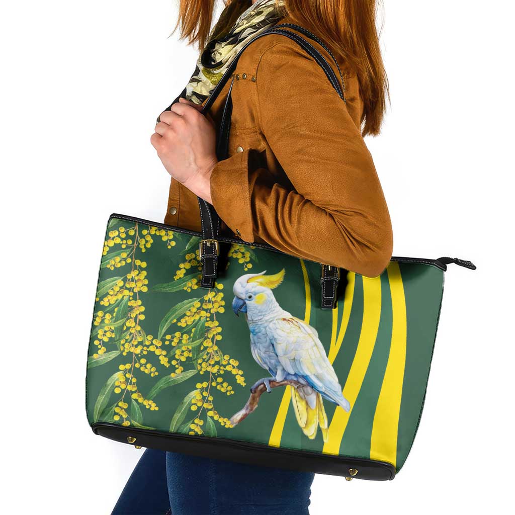 White Cockatoo and Golden Wattle Leather Tote Bag Australian Native Bird