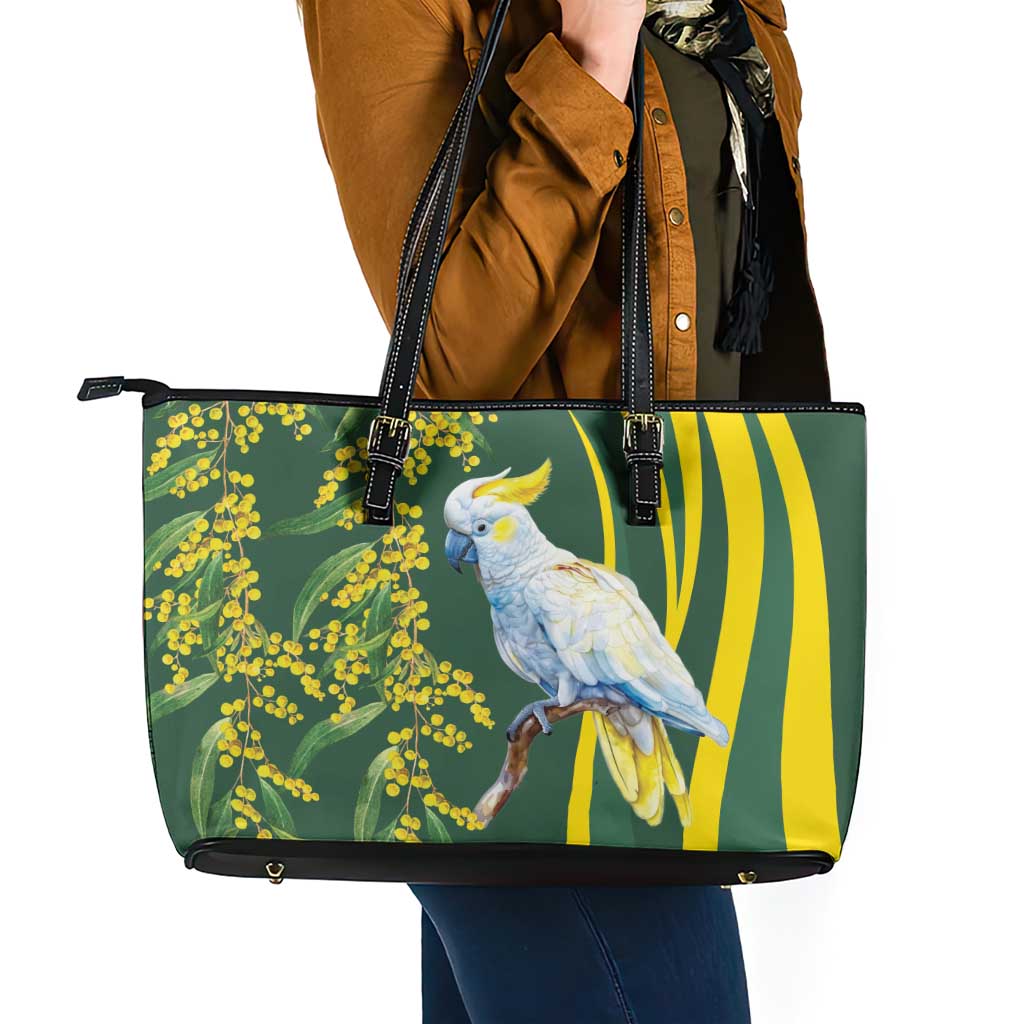 White Cockatoo and Golden Wattle Leather Tote Bag Australian Native Bird