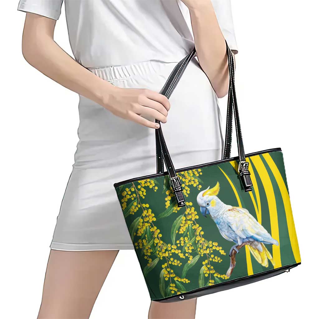 White Cockatoo and Golden Wattle Leather Tote Bag Australian Native Bird