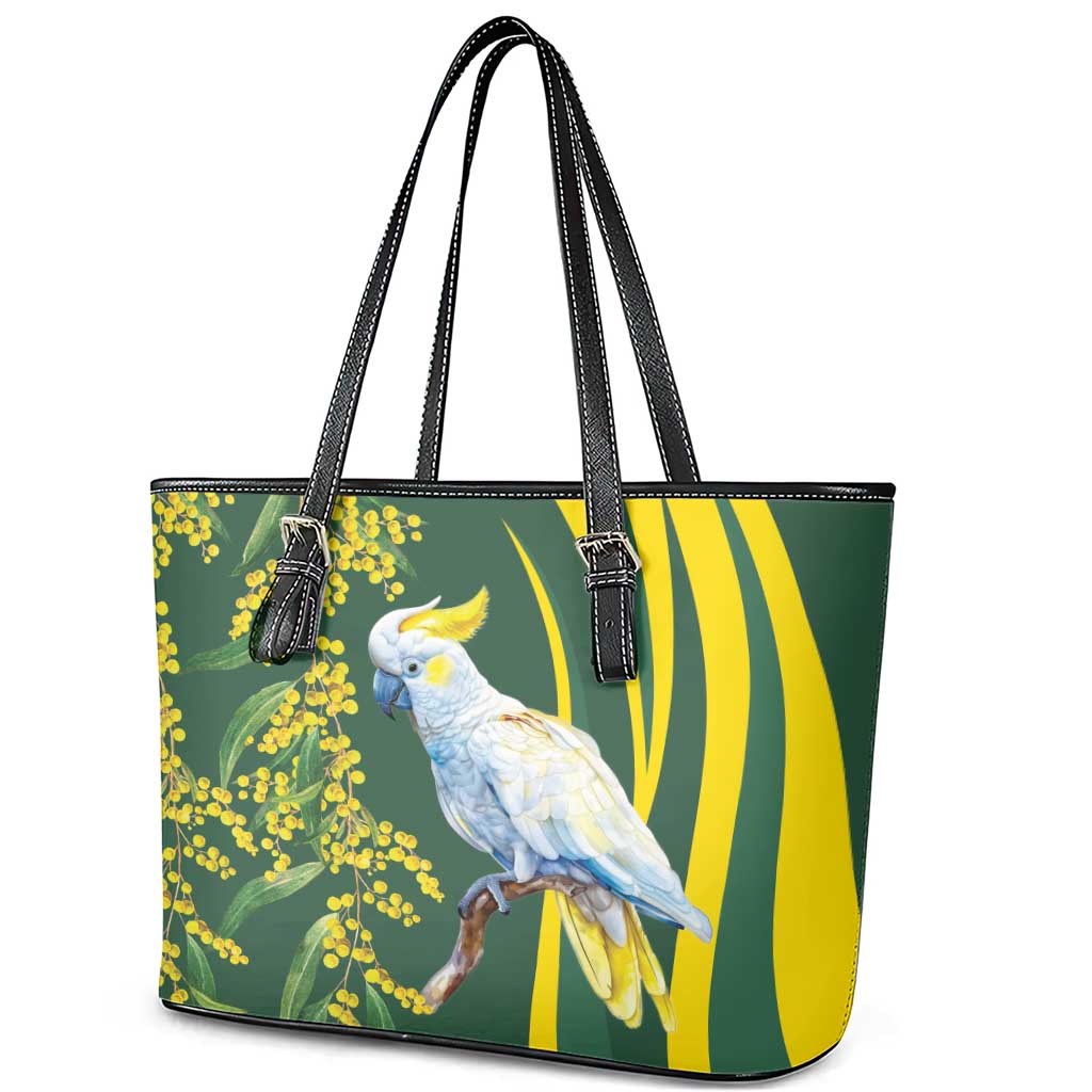 White Cockatoo and Golden Wattle Leather Tote Bag Australian Native Bird