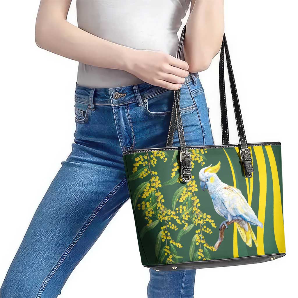 White Cockatoo and Golden Wattle Leather Tote Bag Australian Native Bird