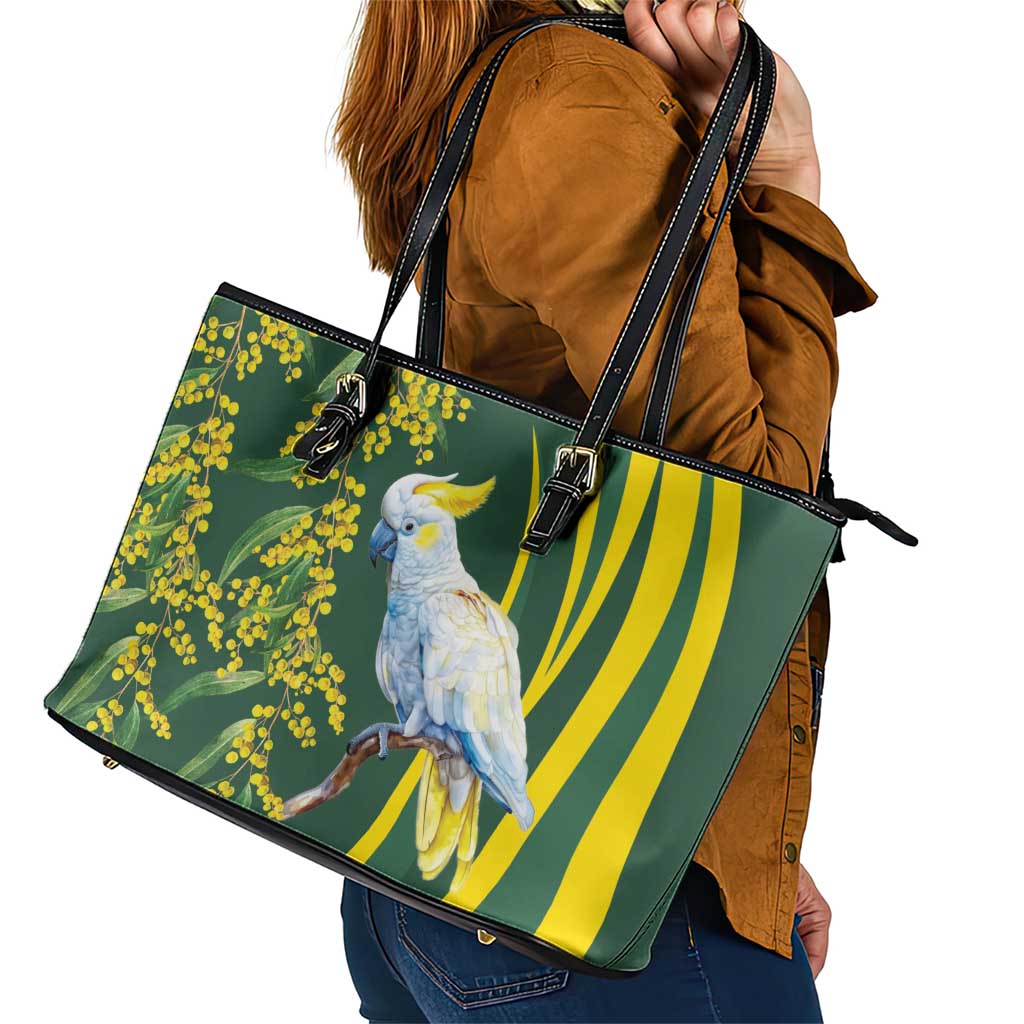 White Cockatoo and Golden Wattle Leather Tote Bag Australian Native Bird