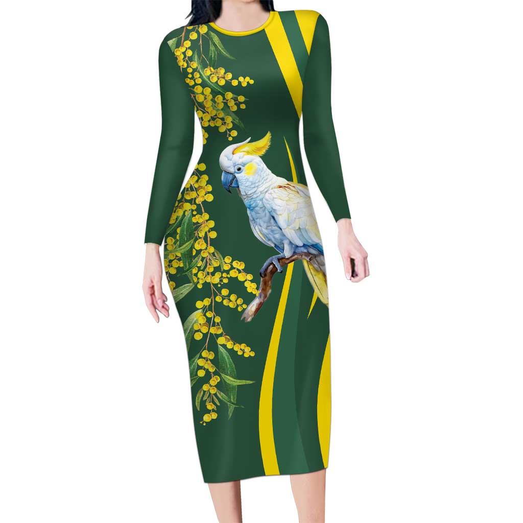 White Cockatoo and Golden Wattle Long Sleeve Bodycon Dress Australian Native Bird