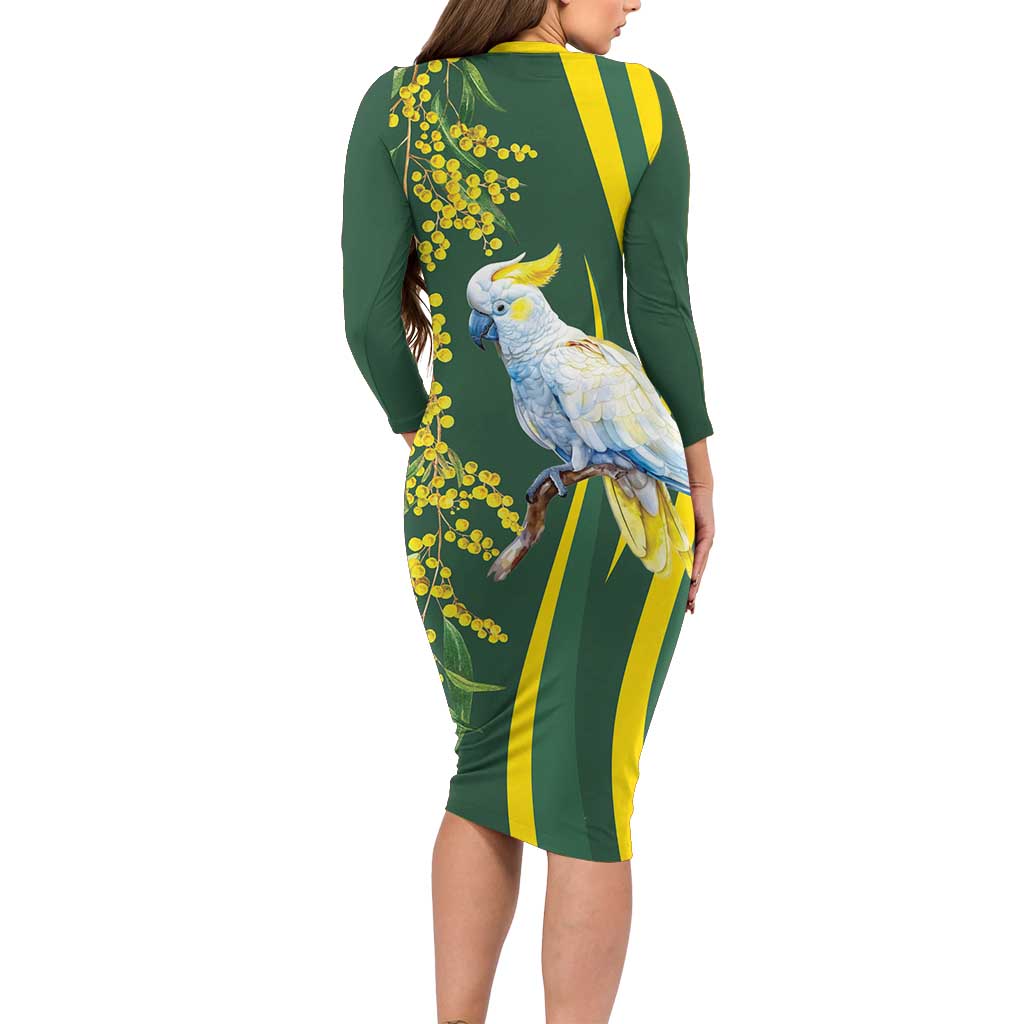 White Cockatoo and Golden Wattle Long Sleeve Bodycon Dress Australian Native Bird