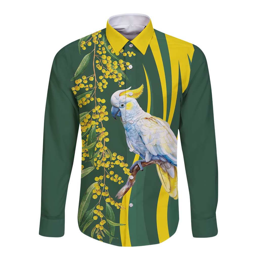 White Cockatoo and Golden Wattle Long Sleeve Button Shirt Australian Native Bird