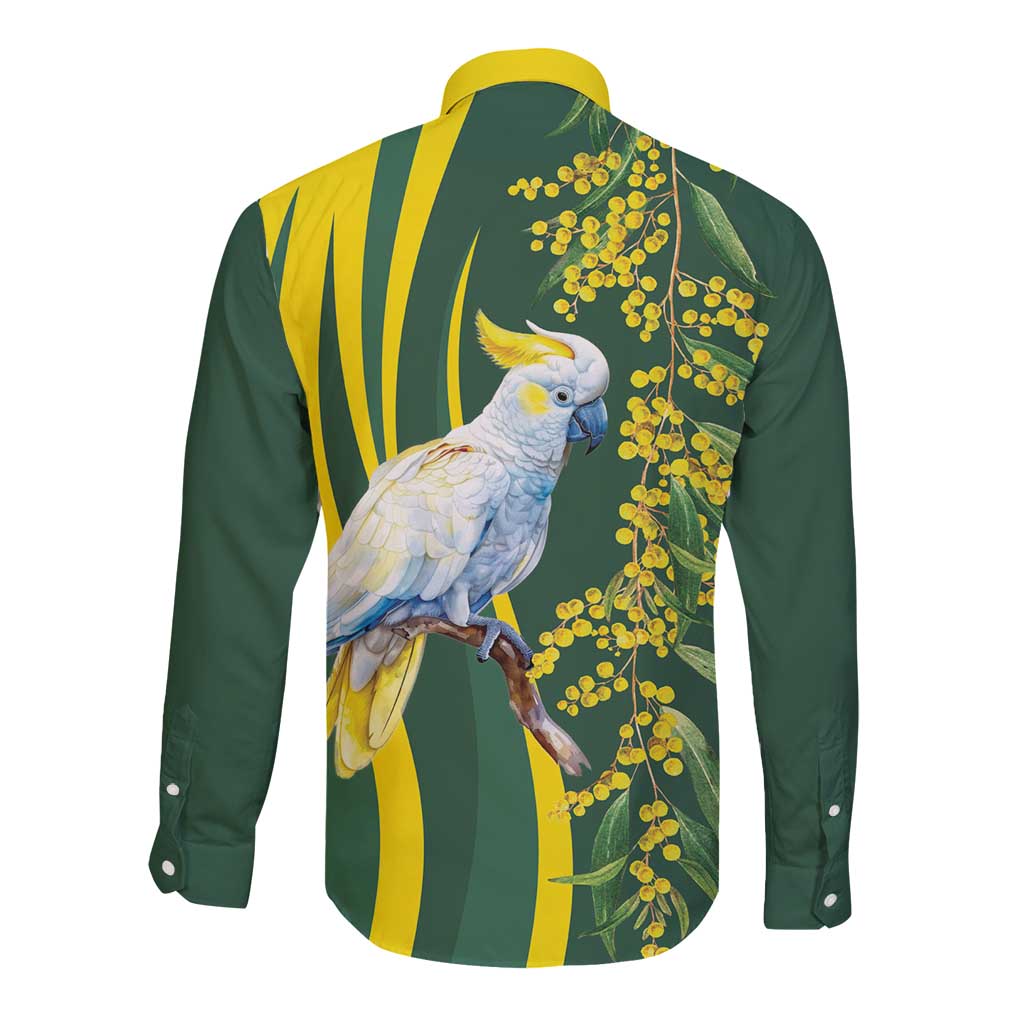 White Cockatoo and Golden Wattle Long Sleeve Button Shirt Australian Native Bird