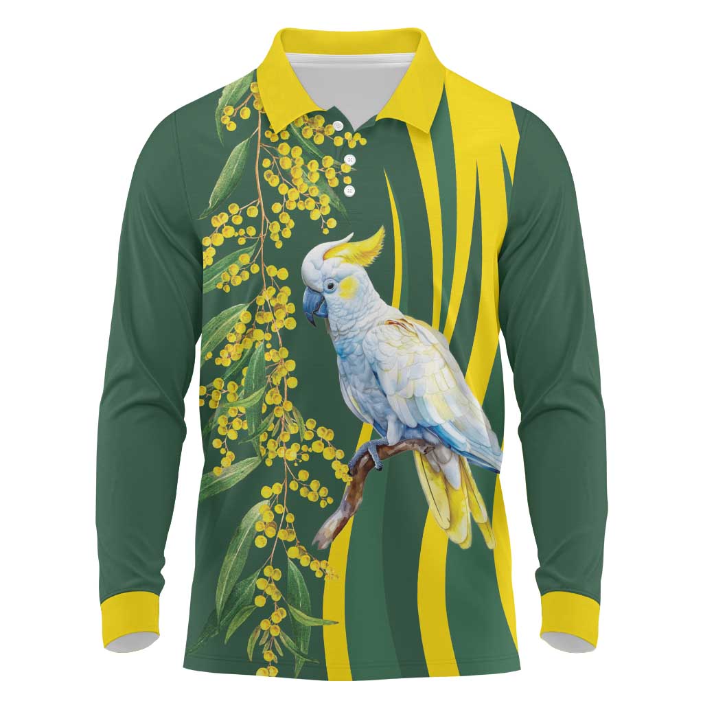 White Cockatoo and Golden Wattle Long Sleeve Polo Shirt Australian Native Bird