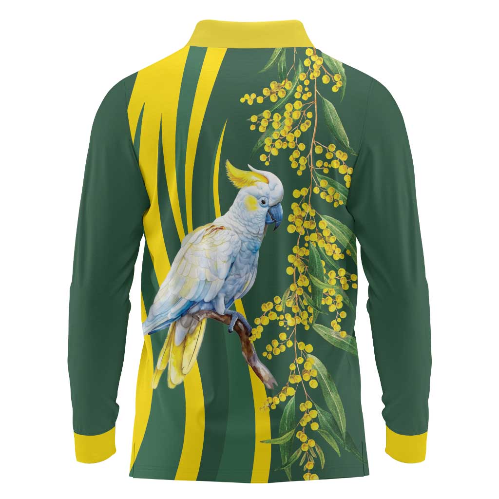 White Cockatoo and Golden Wattle Long Sleeve Polo Shirt Australian Native Bird