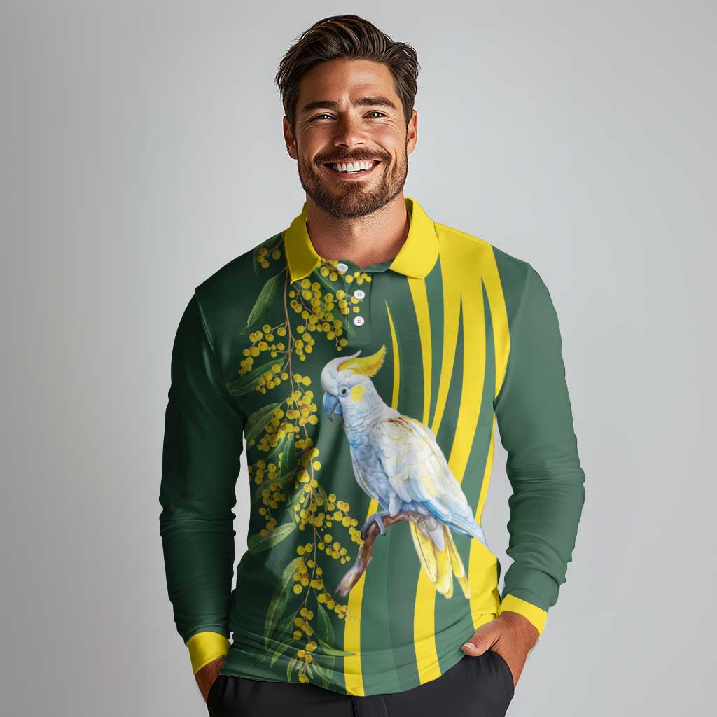 White Cockatoo and Golden Wattle Long Sleeve Polo Shirt Australian Native Bird