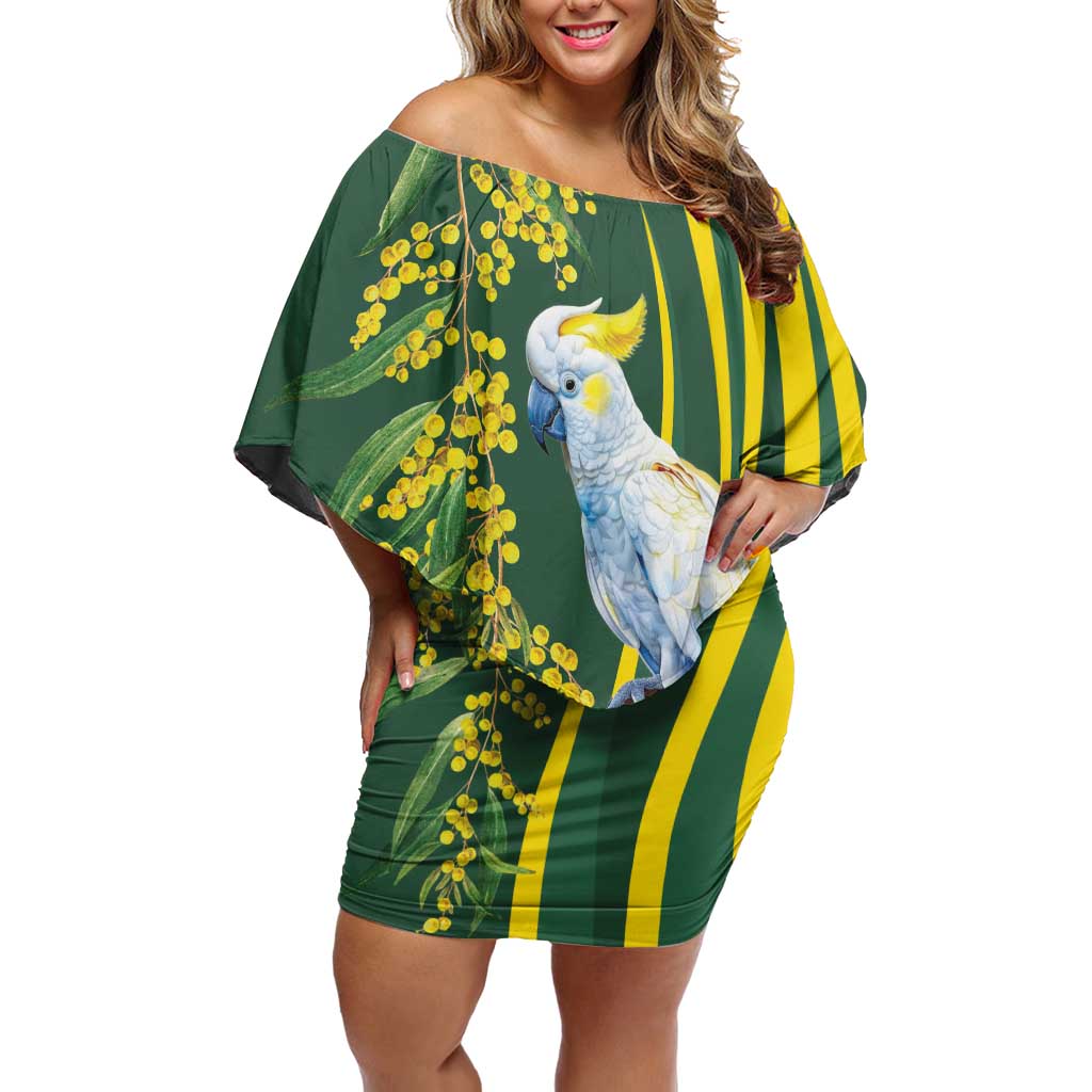 White Cockatoo and Golden Wattle Off Shoulder Short Dress Australian Native Bird