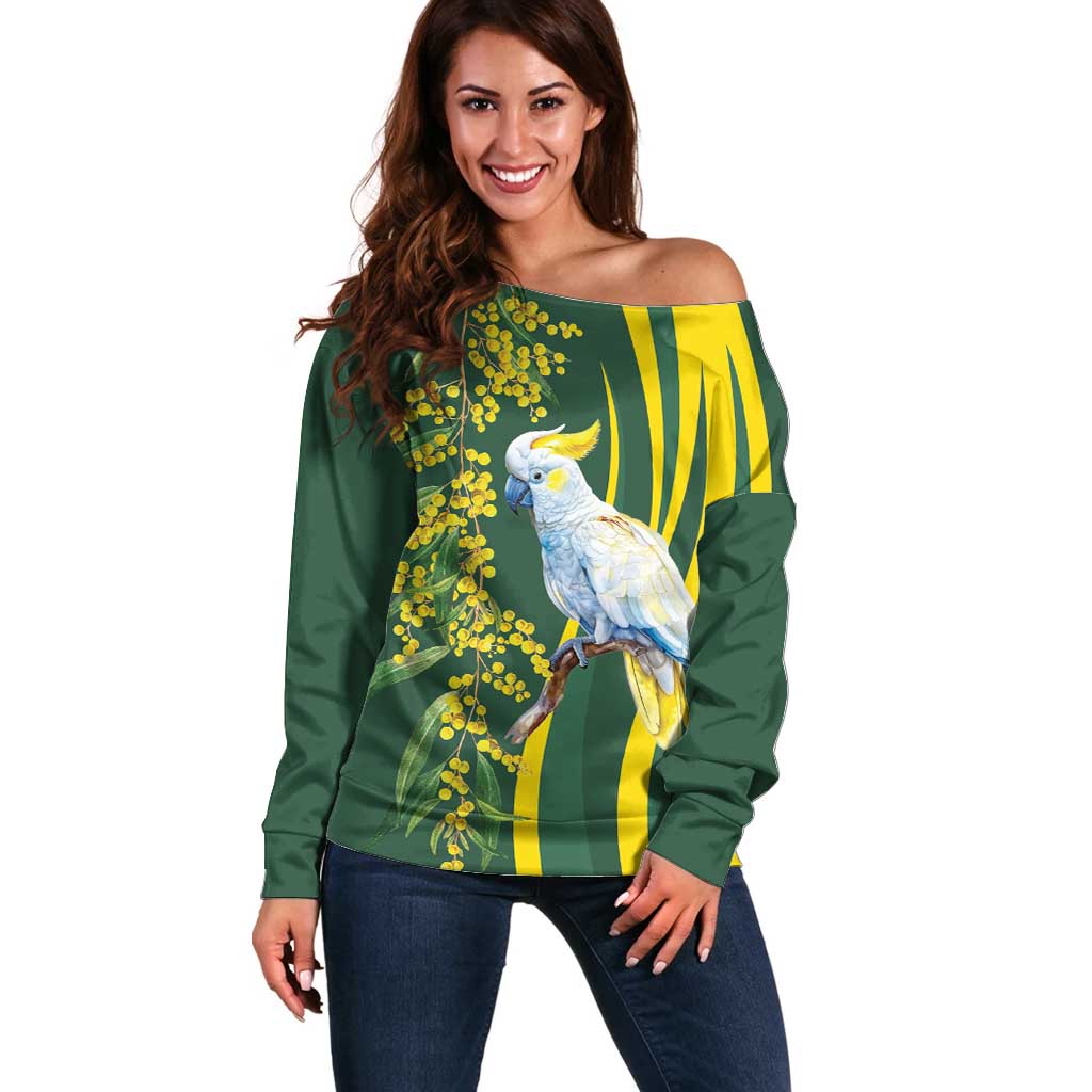 White Cockatoo and Golden Wattle Off Shoulder Sweater Australian Native Bird