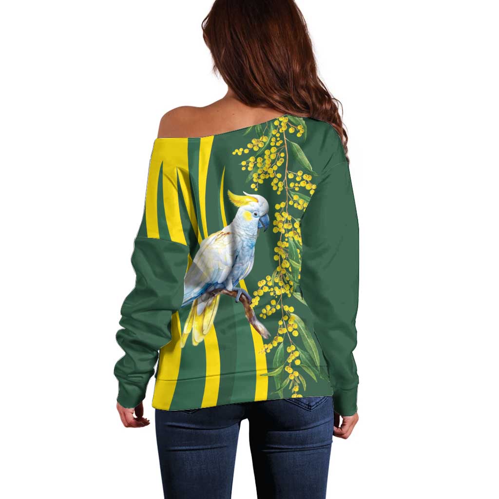 White Cockatoo and Golden Wattle Off Shoulder Sweater Australian Native Bird