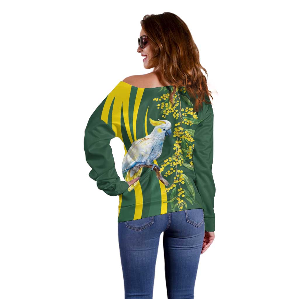 White Cockatoo and Golden Wattle Off Shoulder Sweater Australian Native Bird