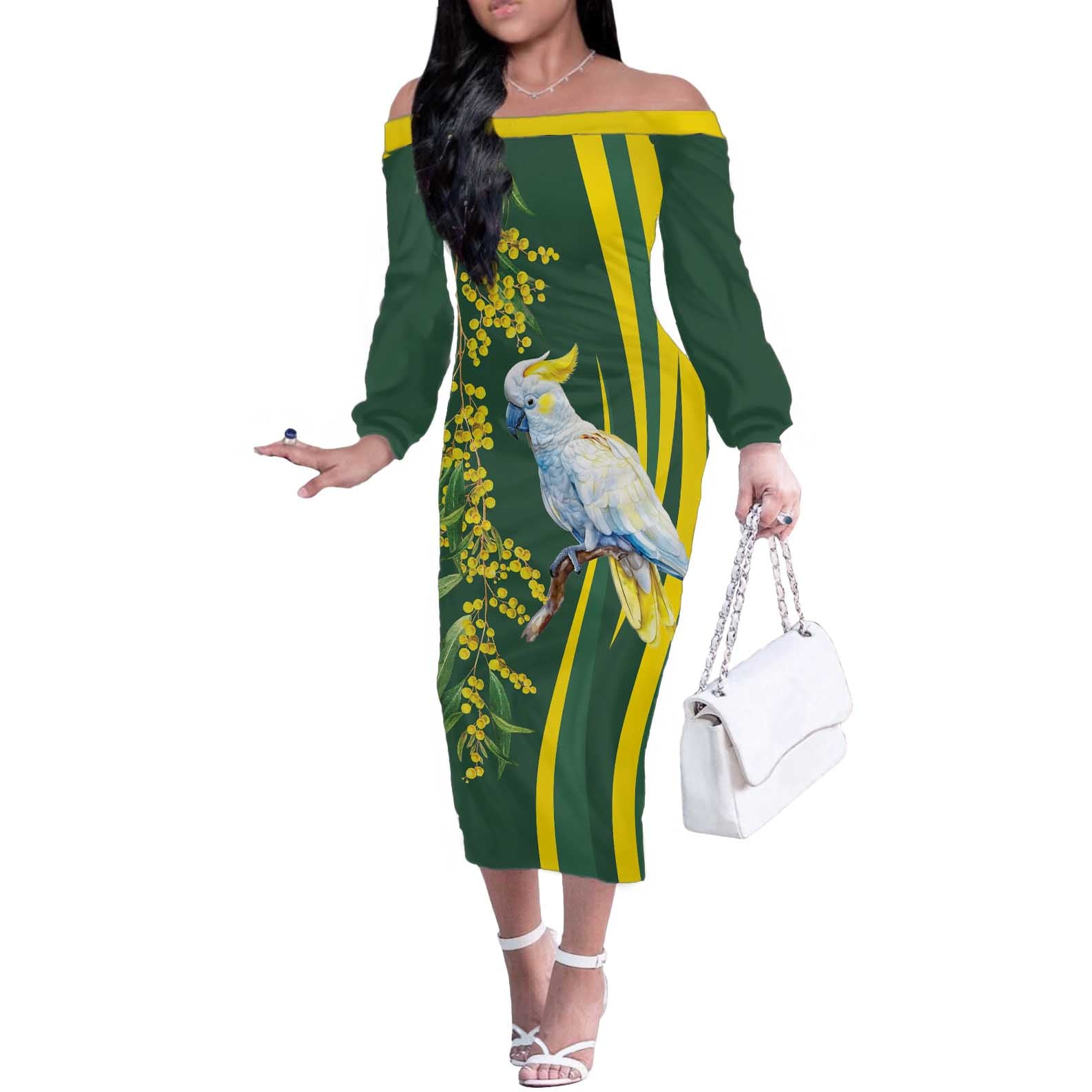 White Cockatoo and Golden Wattle Off The Shoulder Long Sleeve Dress Australian Native Bird