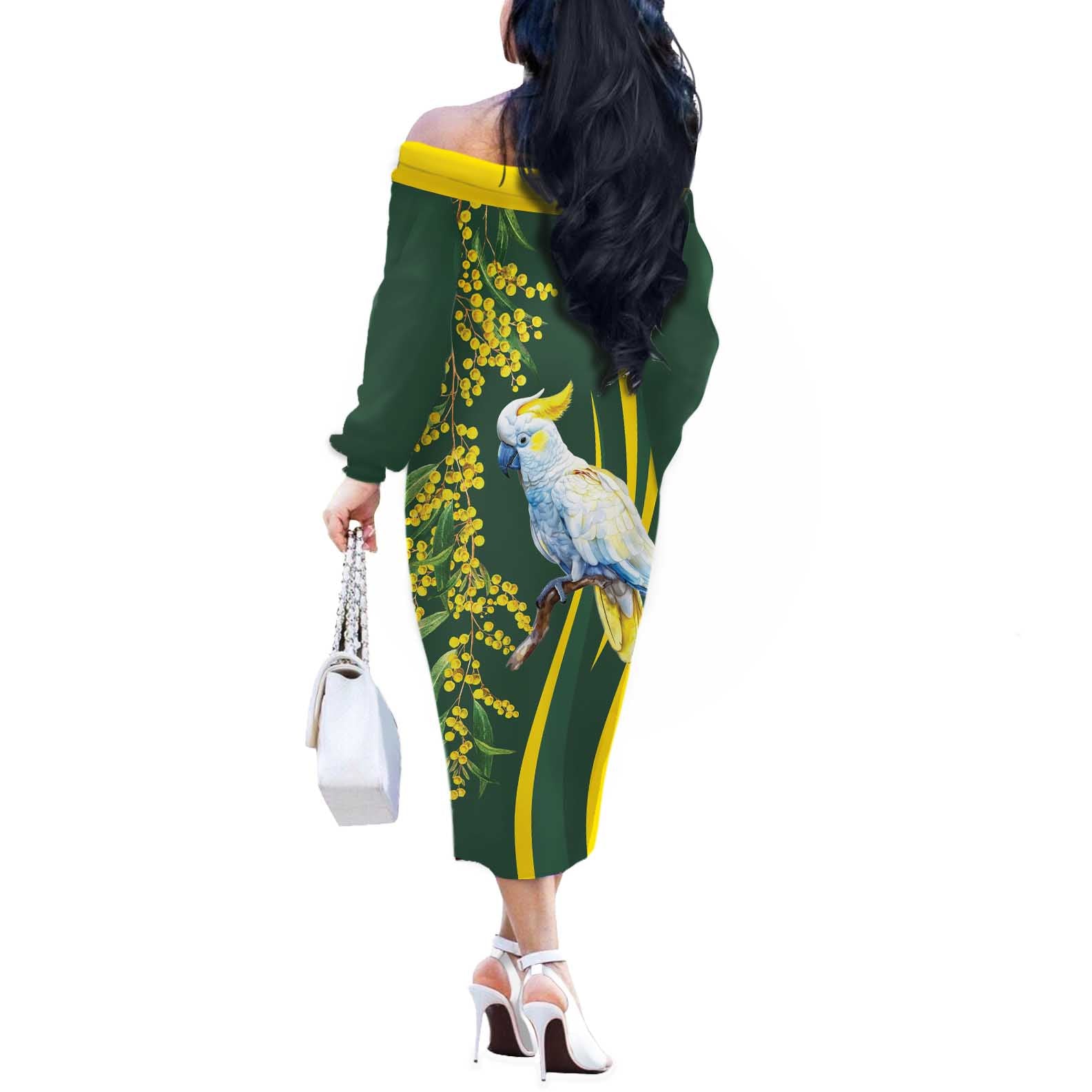 White Cockatoo and Golden Wattle Off The Shoulder Long Sleeve Dress Australian Native Bird