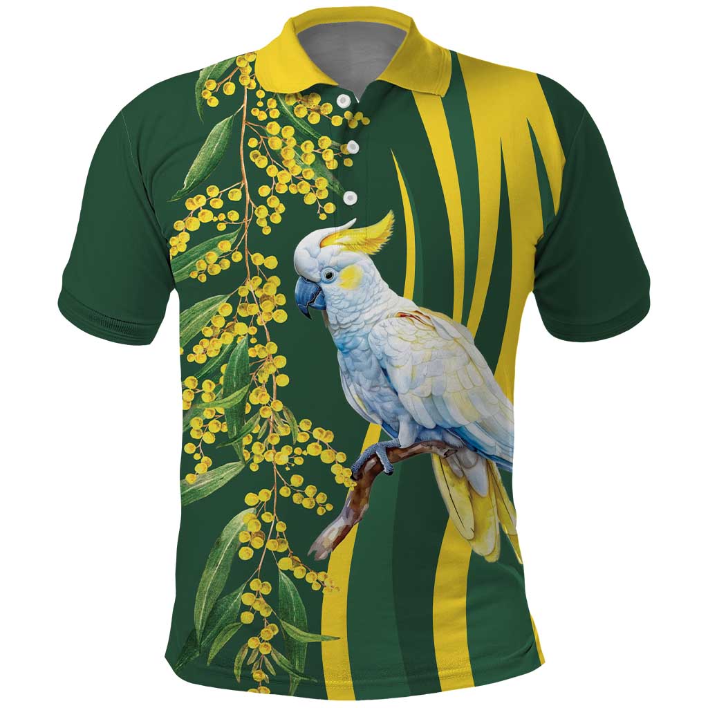 White Cockatoo and Golden Wattle Polo Shirt Australian Native Bird