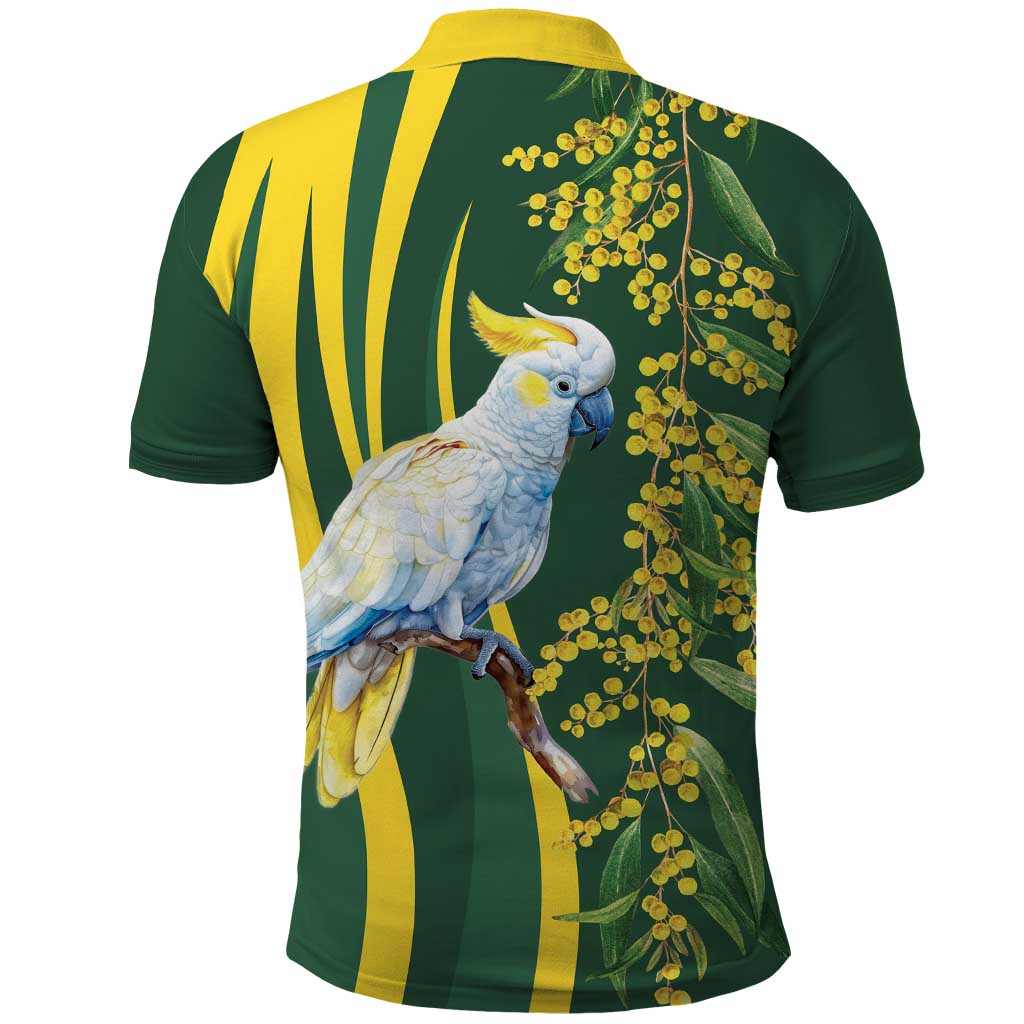 White Cockatoo and Golden Wattle Polo Shirt Australian Native Bird