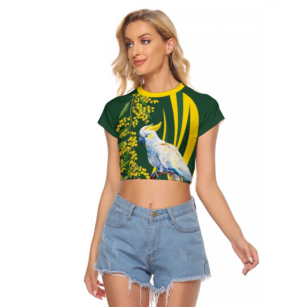 White Cockatoo and Golden Wattle Raglan Cropped T Shirt Australian Native Bird