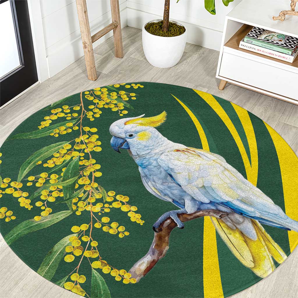 White Cockatoo and Golden Wattle Round Carpet Australian Native Bird