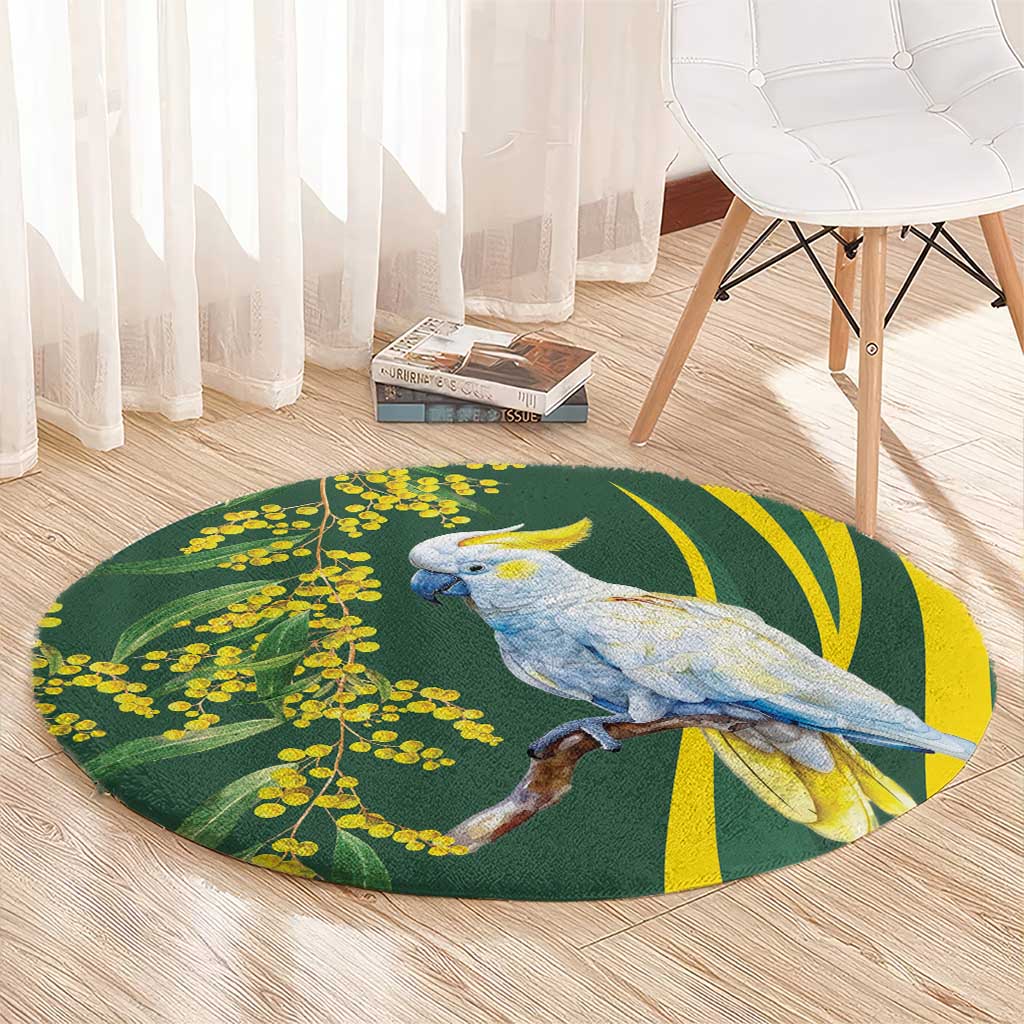 White Cockatoo and Golden Wattle Round Carpet Australian Native Bird