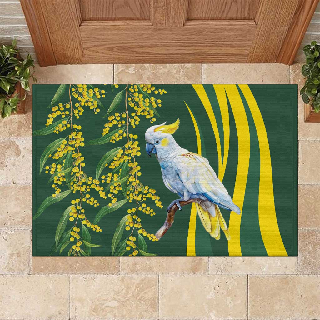 White Cockatoo and Golden Wattle Rubber Doormat Australian Native Bird