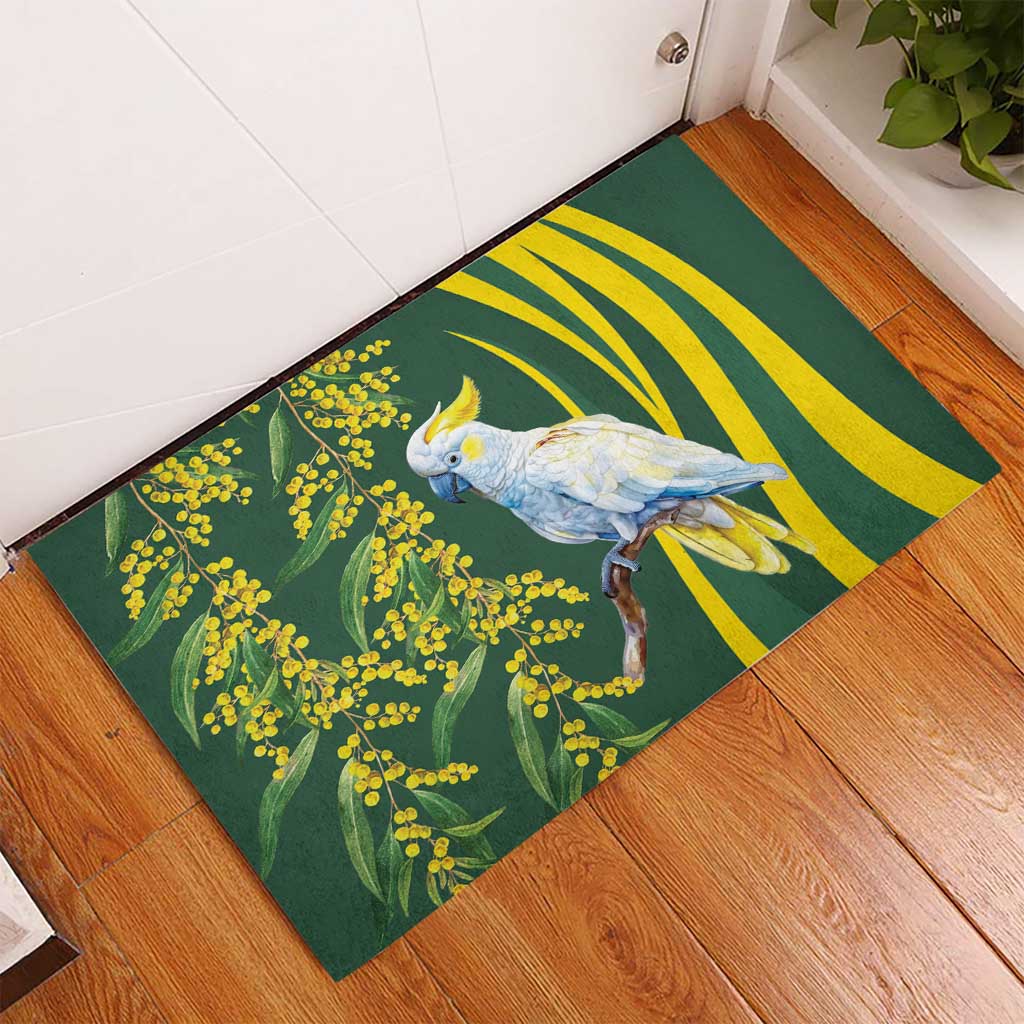 White Cockatoo and Golden Wattle Rubber Doormat Australian Native Bird