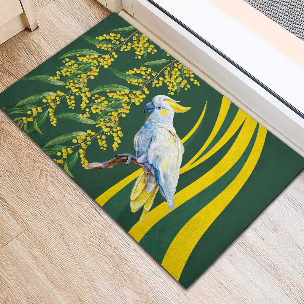 White Cockatoo and Golden Wattle Rubber Doormat Australian Native Bird