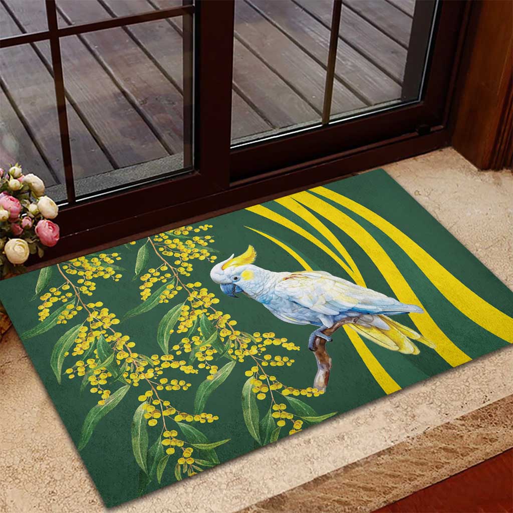 White Cockatoo and Golden Wattle Rubber Doormat Australian Native Bird