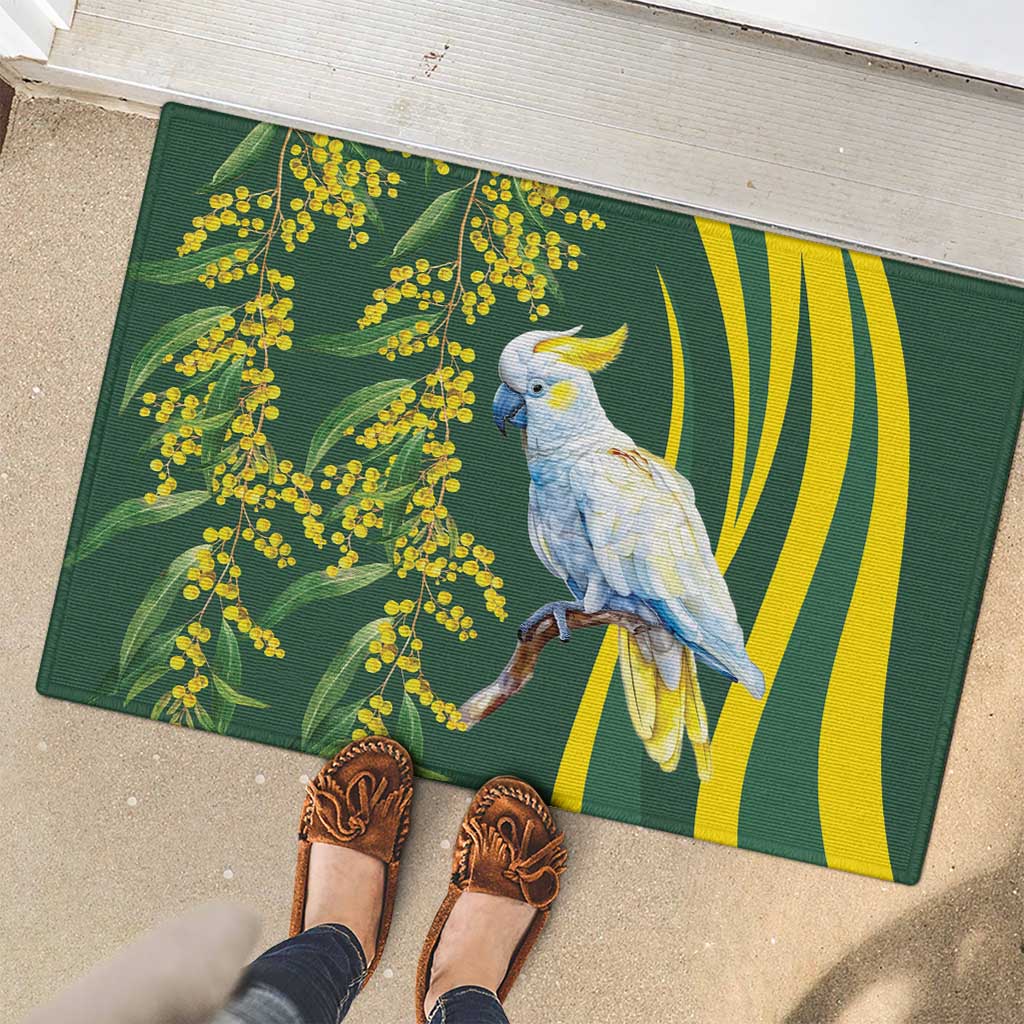 White Cockatoo and Golden Wattle Rubber Doormat Australian Native Bird