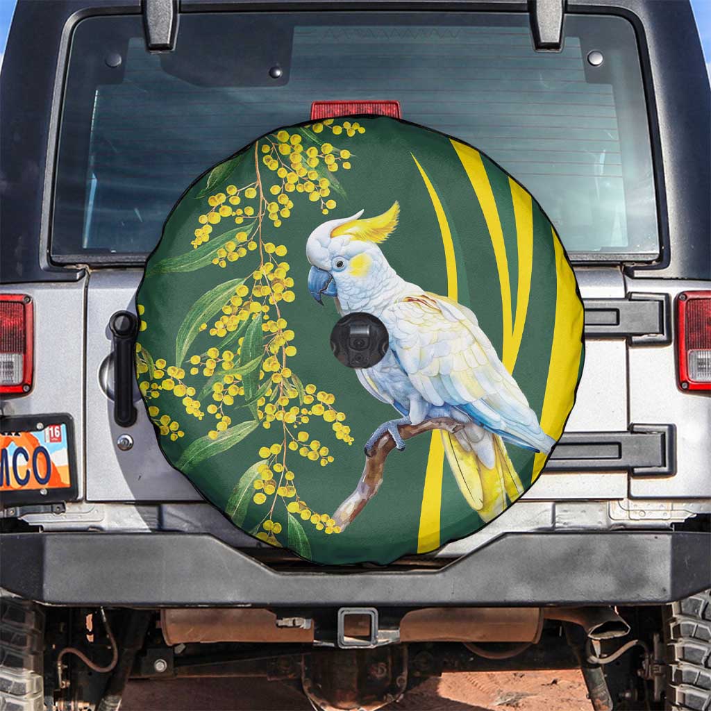 White Cockatoo and Golden Wattle Spare Tire Cover Australian Native Bird