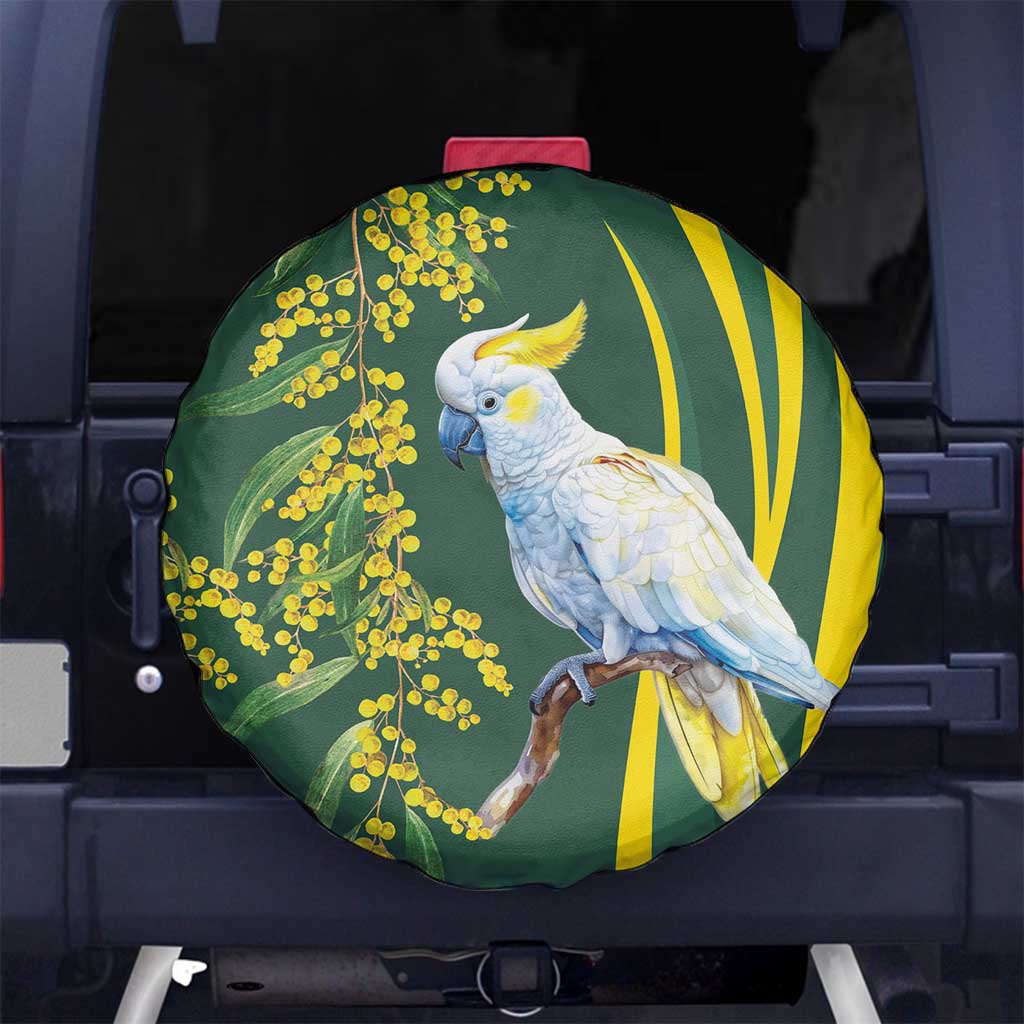 White Cockatoo and Golden Wattle Spare Tire Cover Australian Native Bird