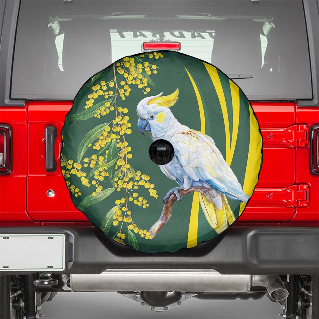 White Cockatoo and Golden Wattle Spare Tire Cover Australian Native Bird