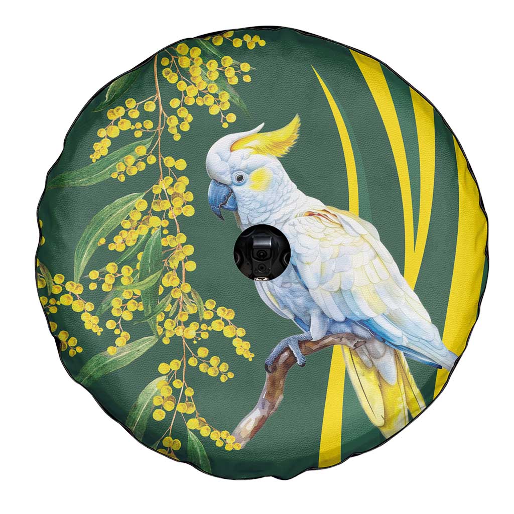 White Cockatoo and Golden Wattle Spare Tire Cover Australian Native Bird