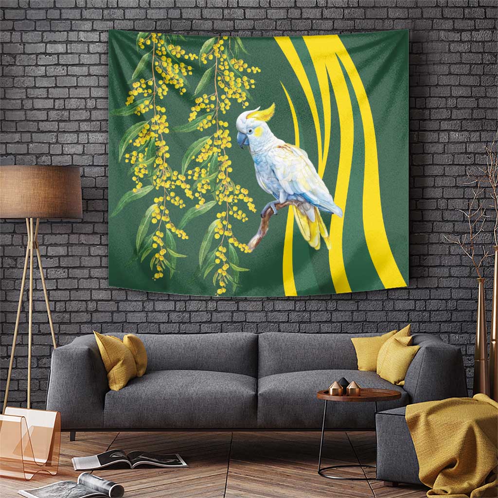 White Cockatoo and Golden Wattle Tapestry Australian Native Bird